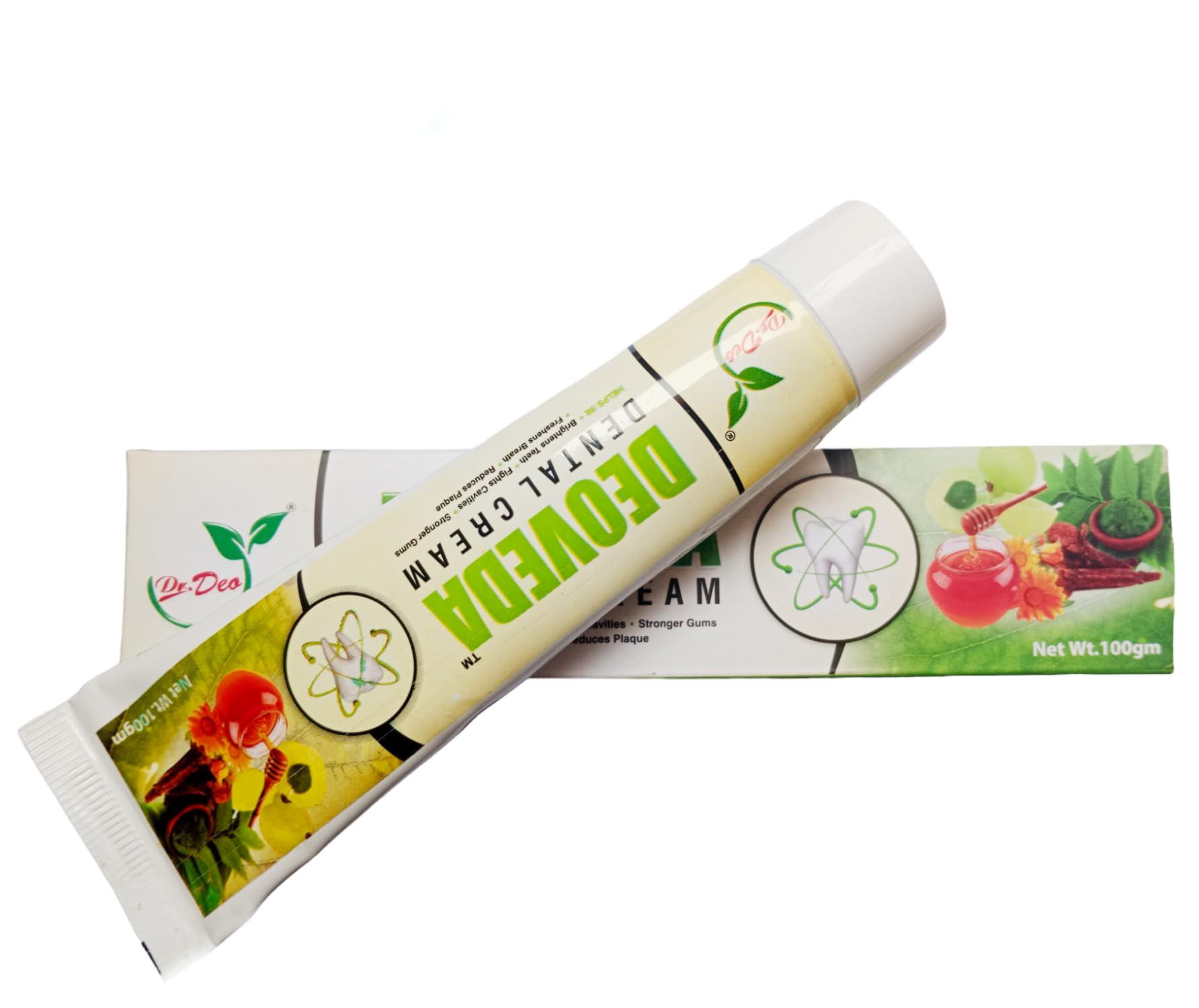 Dr. Deo DEOVEDA Dental Cream helps in brightness teeth fights cavities stronger gums freshens breath reduces plaque net weight 100grms