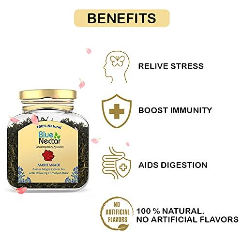 Blue Nectar Blue Nectar Amritanadi Assam Rose Green Tea Leaves with Himalayan Rose (50 g + 15 g FREE| 33 cups). Loose Green Tea Leaves with No Tea Dust. Only Leaf Green Tea