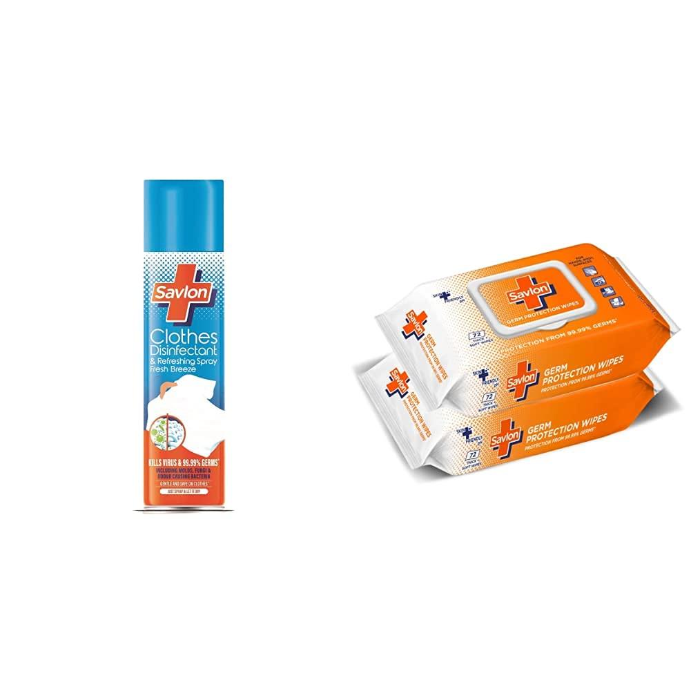 Savlon Savlon Clothes Disinfectant and Refreshing Spray & Savlon Germ Protection Wipes - 72s Pack (Pack of 2)