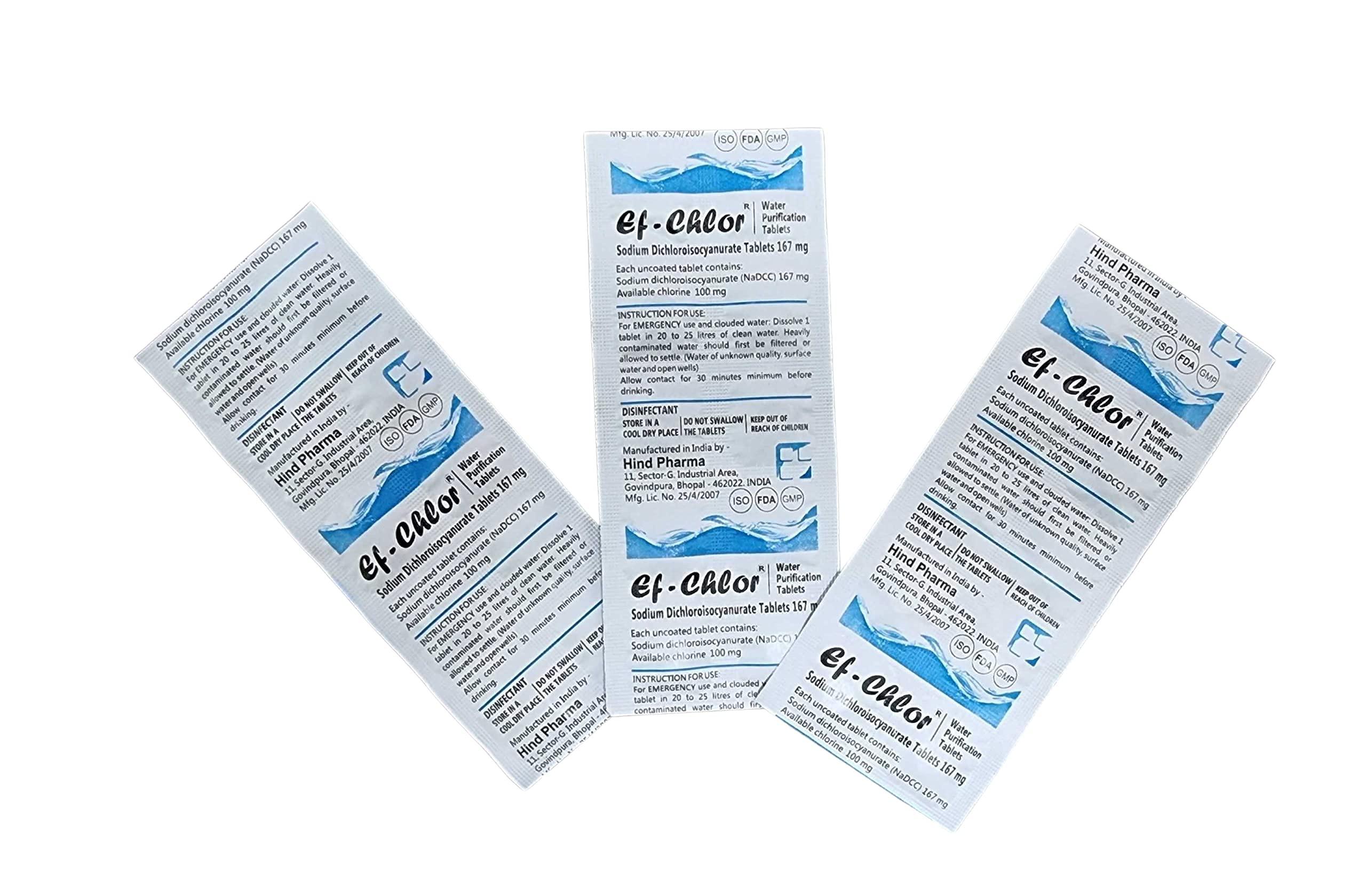 Ef-Chlor Ef-Chlor 167 mg Water Purification Tablets/NaDCC Tablet / 100 Tablets Pack/Rapidly Effective Against Bacteria, Viruses, and Spores/Purifies 20 Liters of Drinking Water per tablet