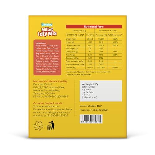 Timios Timios Instant Millet Idly mix | Easy & Ready to Cook Instant Millet Breakfast Mix for Kids | Rich in Protein & High Fiber| 250 g