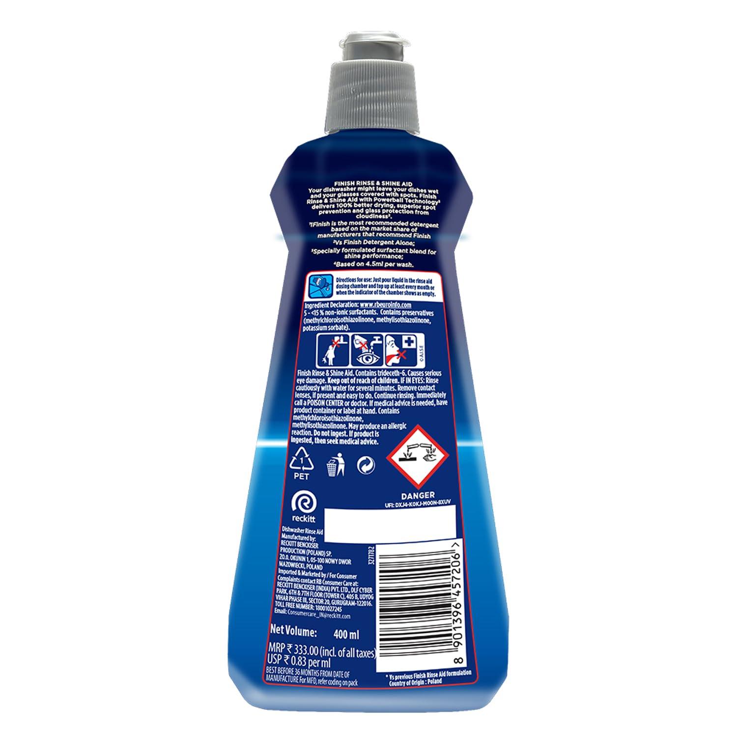 Finish Finish Dishwasher Rinse Aid, Shine & Dry - 400 ml (Pack of 4)