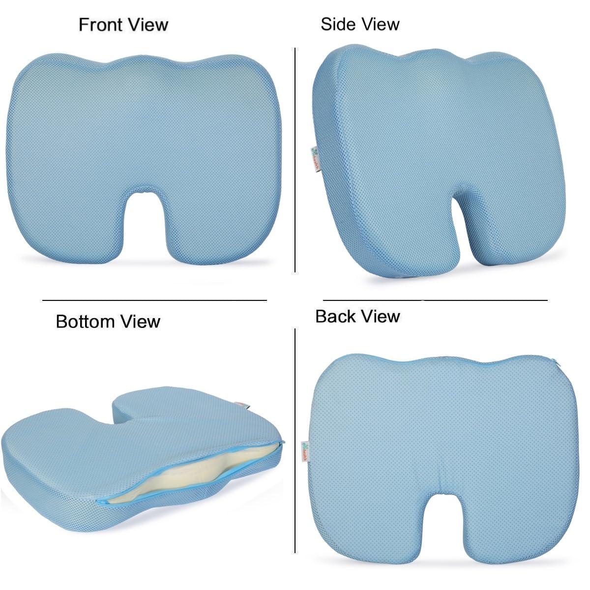 Grin Health Grin Health High Density Coccyx Seat Cushion for Tailbone, Sciatica, Hip Lower Back Pain Relief, Orthopedic Memory Foam Chair Cushions for Long Sitting for Office/Home Chair (Light Blue)