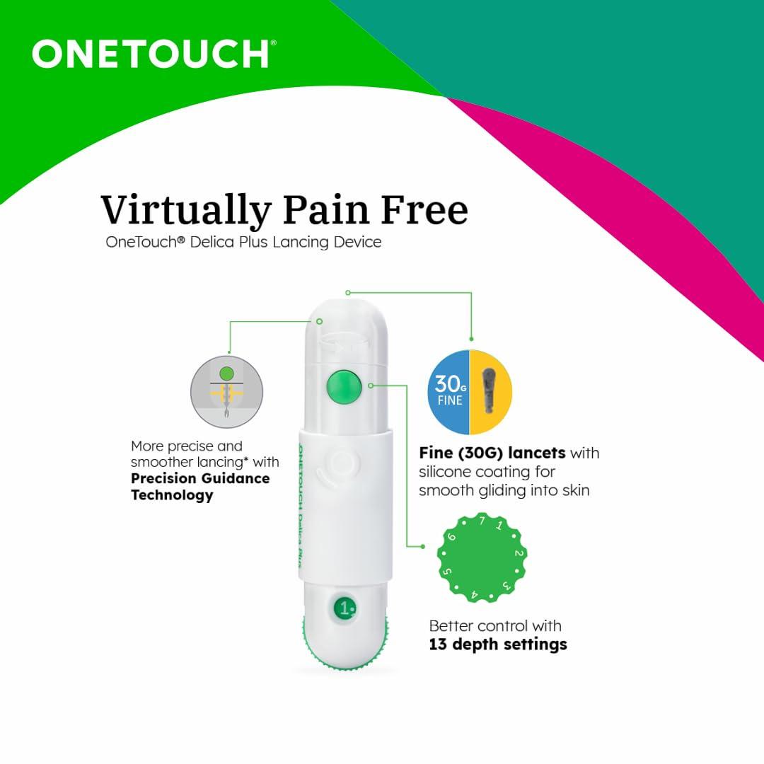 OneTouch OneTouch Delica Plus Lancing Device| For Virtually Pain Free Blood Glucose Testing| Silicone Coated Fine (30G) Lancets for Comfortable Testing | Global Iconic Brand | For use with OneTouch Delica Plus Lancing Device