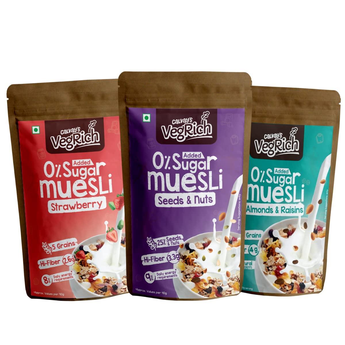 CALVAY'S Calvay's VegRich No Added Sugar Muesli (Assorted Combo) Diabetic Friendly | Sugar Free Muesli - Rolled Oats + Wheat Flakes + Barley + Almonds and Raisins (Assorted Zero Sugar Combo)