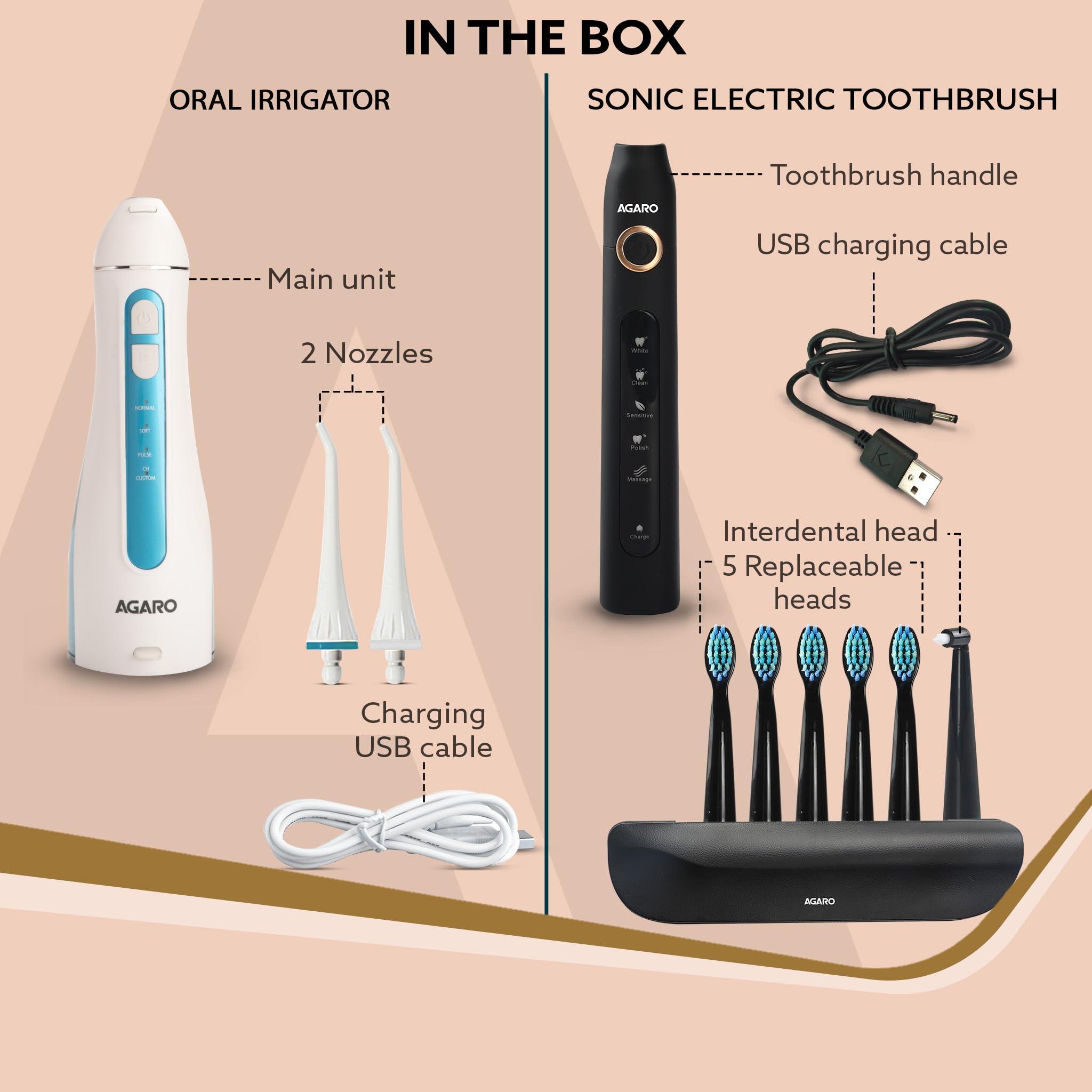 AGARO AGARO Cosmic Plus Sonic Tooth Brush Black & Ultra Portable Oral Irigator 200 ML White & Blue, Combo