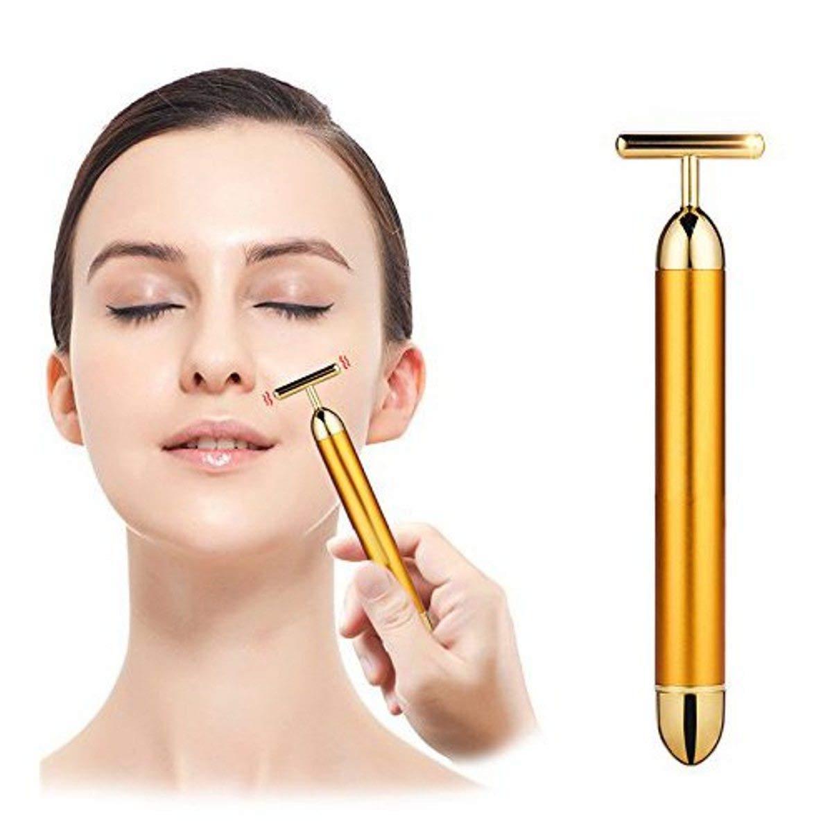 Dealsure Dealsure 24k Gold Energy Beauty Bar Electric Vibration Facial Massage Roller Waterproof Face Skin Care T-Shaped Anti Wrinkle Massager for Forehead Cheek Neck Clavicle Arm (Gold Colour)