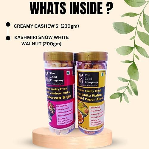 THE GOOD COMPANY Jammu Tawi Express WORLD FAMOUS KASHMIRI PAPER AKROT Giri & MANGALOREAN KAJU Combo Pack | Walnut Kernels & Cashews| 430gm | Pure Without Shell Walnut Kernels | Raw Akhroth Giri Dry fruit combo Pack|