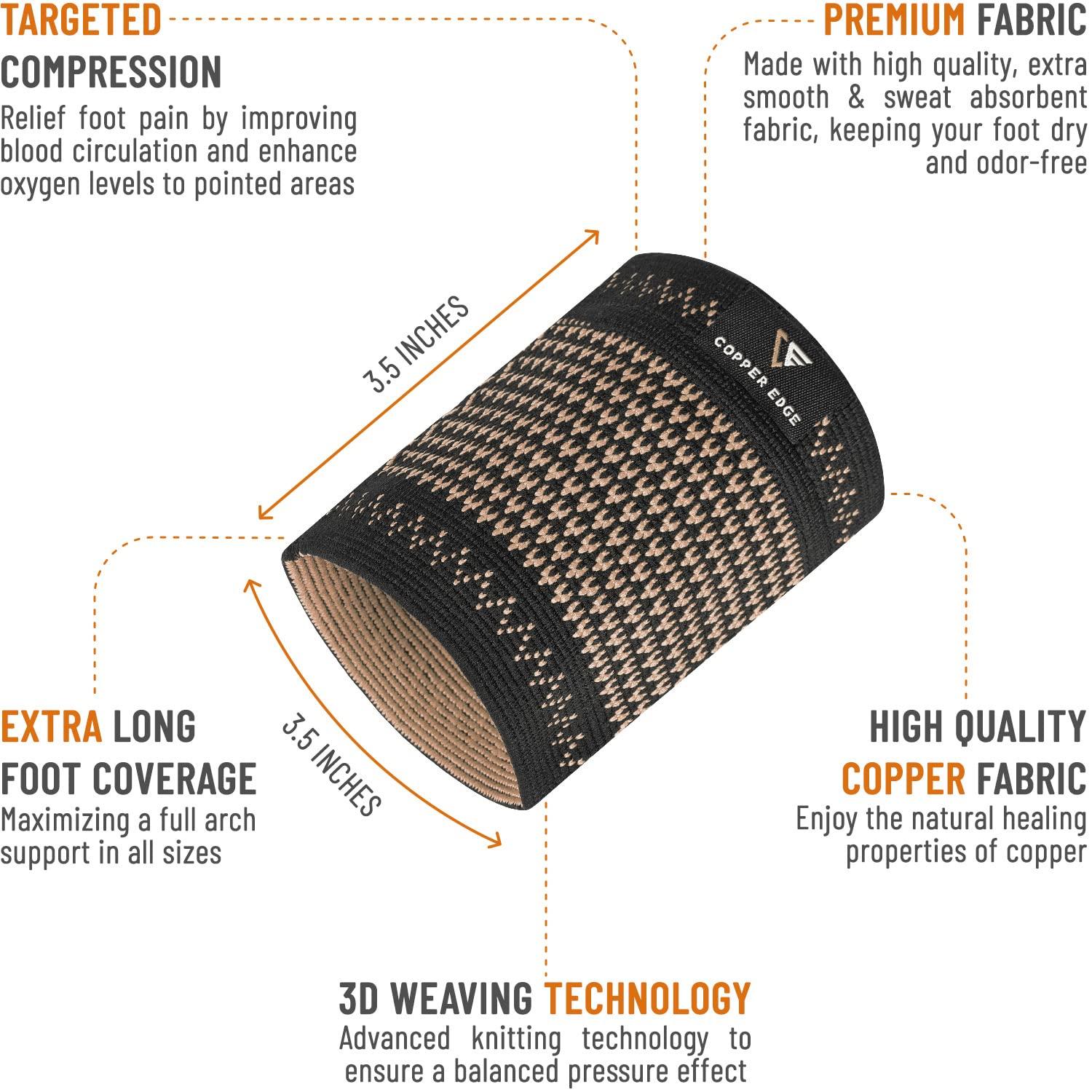 COPPER EDGE Copper Edge Copper Arch Relief Plus Support for Plantar Fasciitis. 2 Half Socks/Sleeve Compression Brace for Women and Men. Orthotics Feet Pain Aid Fit for Flat/High/Fallen Arches, Heel Spurs & Foot Care