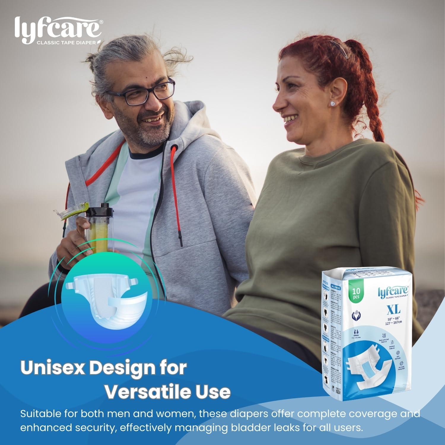lyfcare Lyfcare Open Tape Adult Diaper Extra Large (XL) - 20 Units (Pack of 2) | Unisex Diapers Open Tape Style | Waist (127-167 cm) | Wetness Indicator, Super absorb, 360 Protection & 0% Leakage - Unisex
