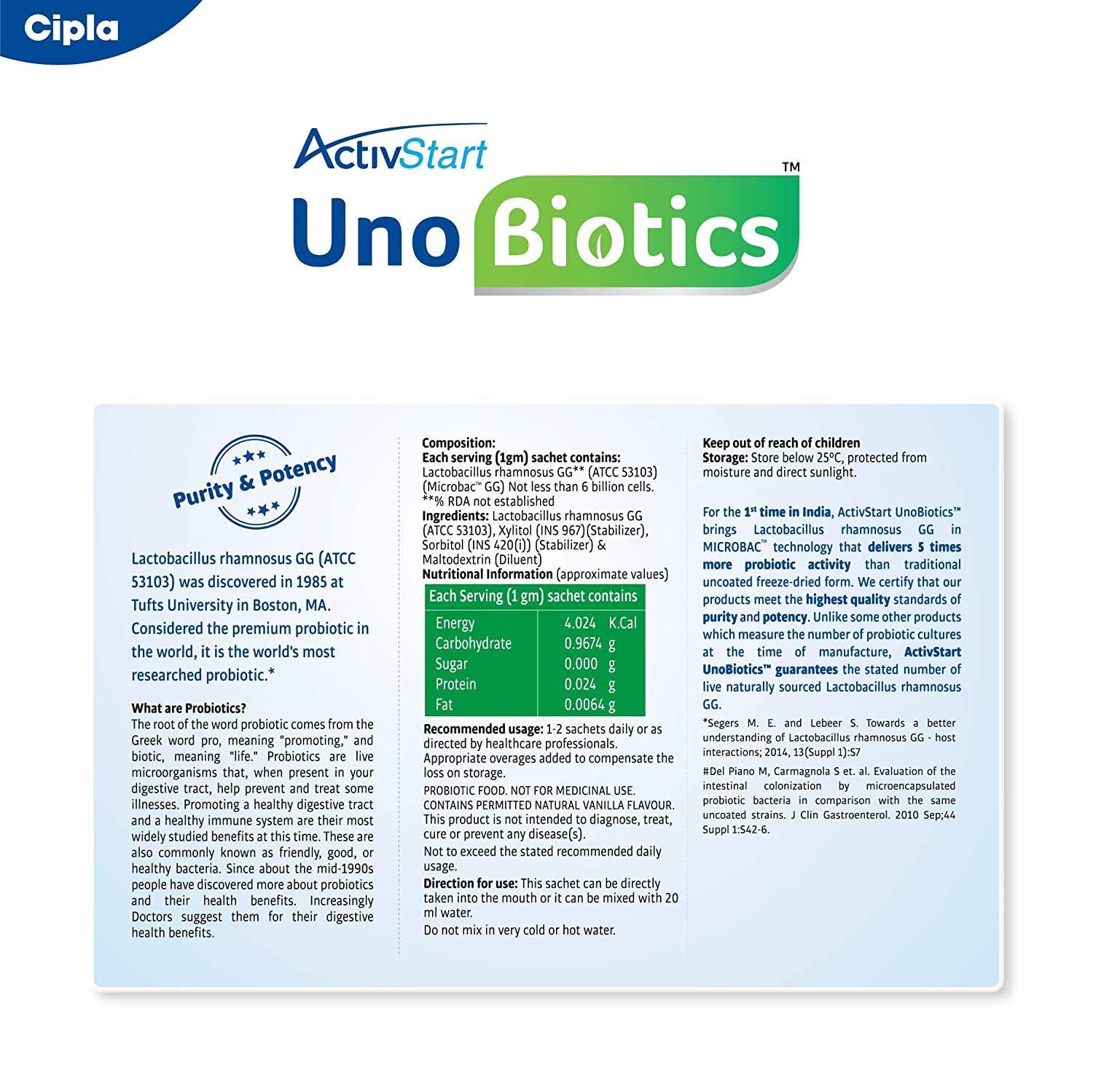 Cipla Cipla Activstart Unobiotics With Probiotic Activity | Helps Build Immunity | Probiotics for Adults - 10 Sachets