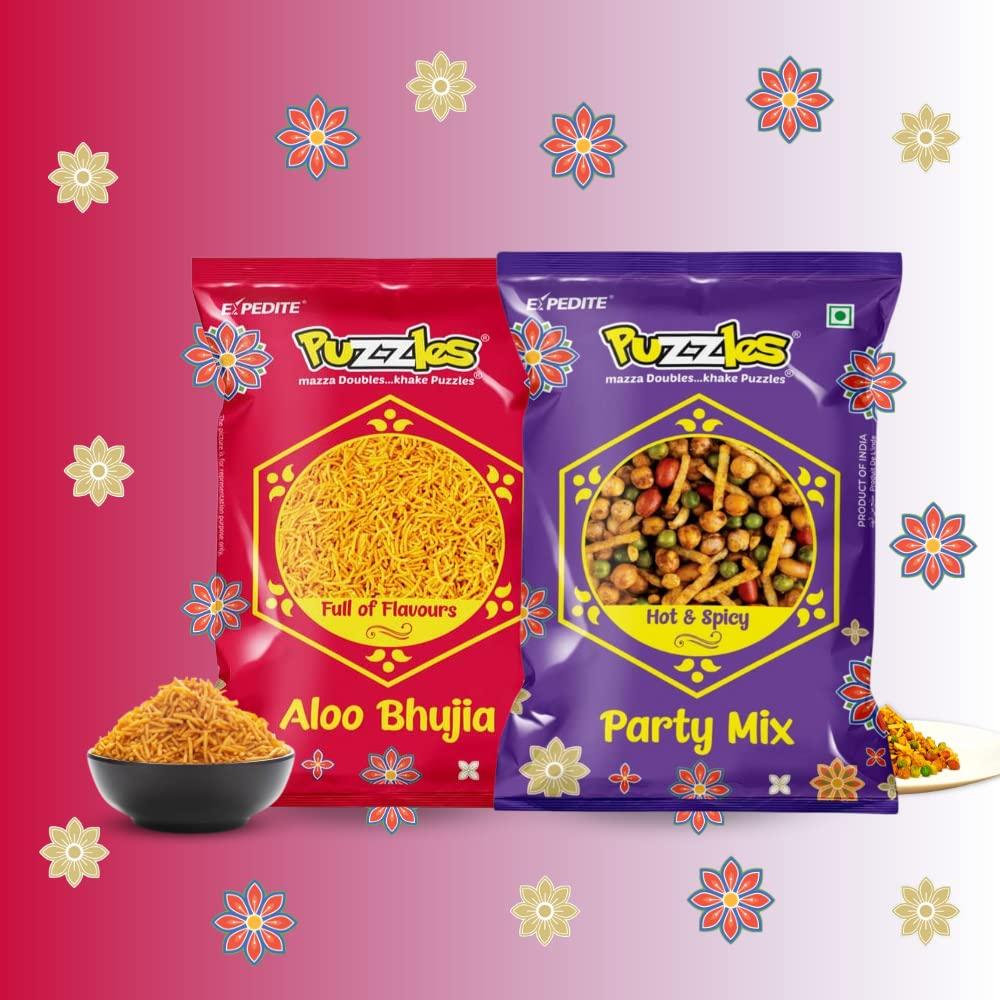 Puzzles PUZZLES Chatpata Namkeen Box, Aloo Bhujia + Party Mix, Special Namkeen Combo, India\'s Favourite Snack Made with All-Natural Ingredients, 170gm x Pack of 2