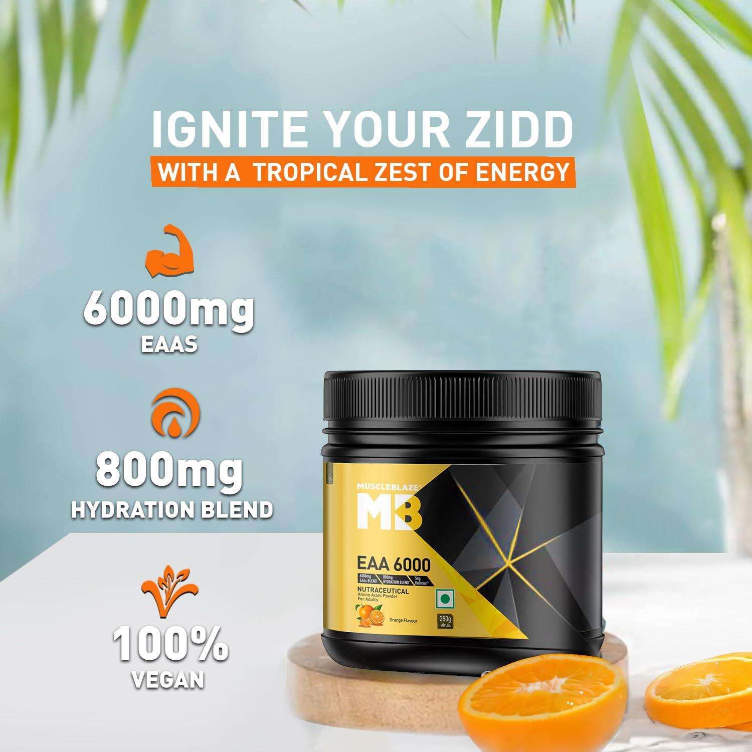 MuscleBlaze MuscleBlaze EAA 6000, 6000mg EAAs Blend Powder (Orange Flavour, 250g, 25 Servings) | 800mg Hydration Blend & 5mg Bioperine
