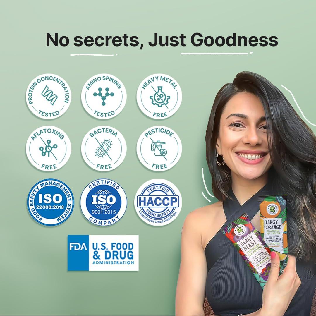 Green Protein GREEN PROTEIN Vegan Plant Pea Protein Isolate Powder, 15gm Protein Per Serving, No Added Sugar, 100% Vegan, Soy Free, Dairy Free, Gluten Free, Allergen Free, Orange Flavor, Pack Of 12, 23 gm each