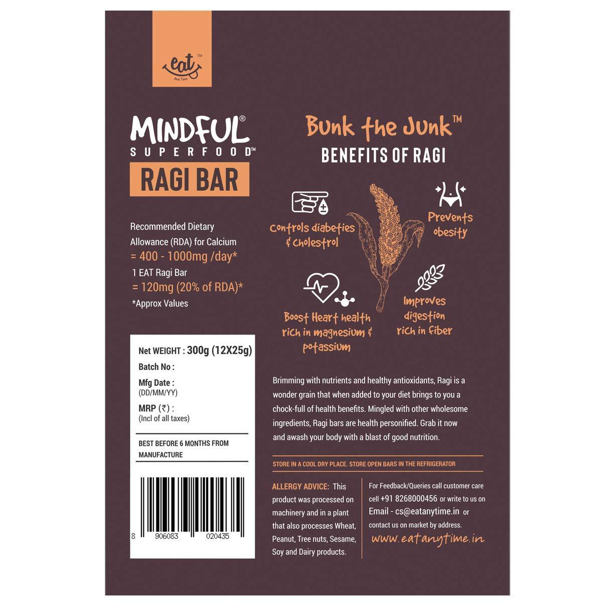 EAT Anytime Eat Anytime Mindful Healthy Energy Ragi Bar | Gluten Free & High Fiber | Energy Bar Sugar Free | High Protein Bar | Healthy Bar & Breakfast Protein Bar | Ragi Bar/Energy Bar-300gm(12pcs of 25gm)