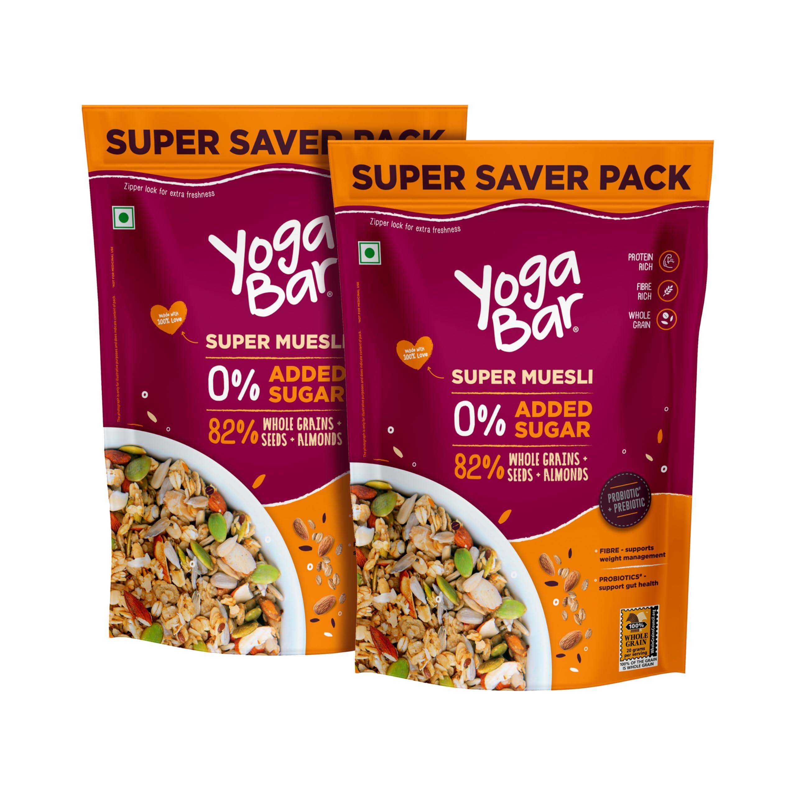 Yogabar Yogabar Super Muesli, No Added or Hidden Sugar, Breakfast Muesli with Probiotics & Prebiotics, 82% Whole Grains+ Seeds+ Almonds, 400gm Each