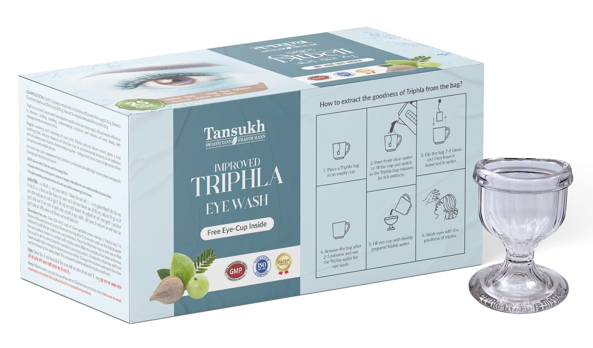 TANSUKH Tansukh Improved Triphala Eye Wash With 30 Instant Dip-Dip Bags/With Free Plastic Transparent Eye Wash Cup/Fits With Eye Contour Smoothly/For Tired Polluted And Eye Irritation Herbal Remedy