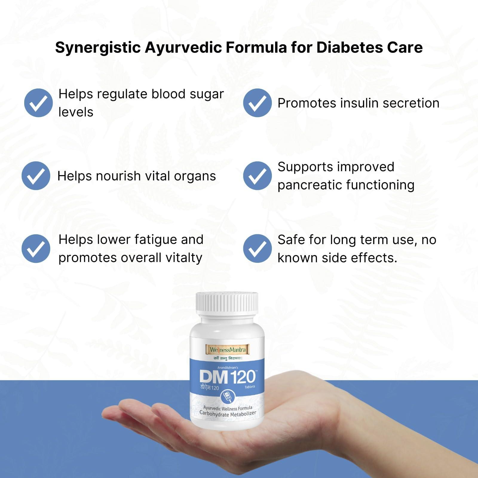 WellnessMantra Wellness Mantra DM 120 | Diabetic Care | Blood Sugar Control Ayurvedic Tablets | Helps to Protect From Long Term Complications of Diabetes | Gudmar, Jamun, Karela, Methi & 16 More Herbs (Pack of 2 - 120 Tablets)