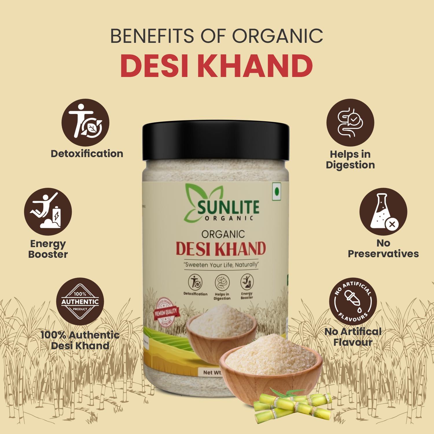 SUNLITE ORGANIC SUNLITE ORGANIC Desi Khand Sugar, 500g, with Natural Molasses Retained, Chemical & Pesticides Free, Organic Sugarcane Khandsari Sugar, Sulphur-Free Khaand, Unrefined & Unprocessed Raw Sugar