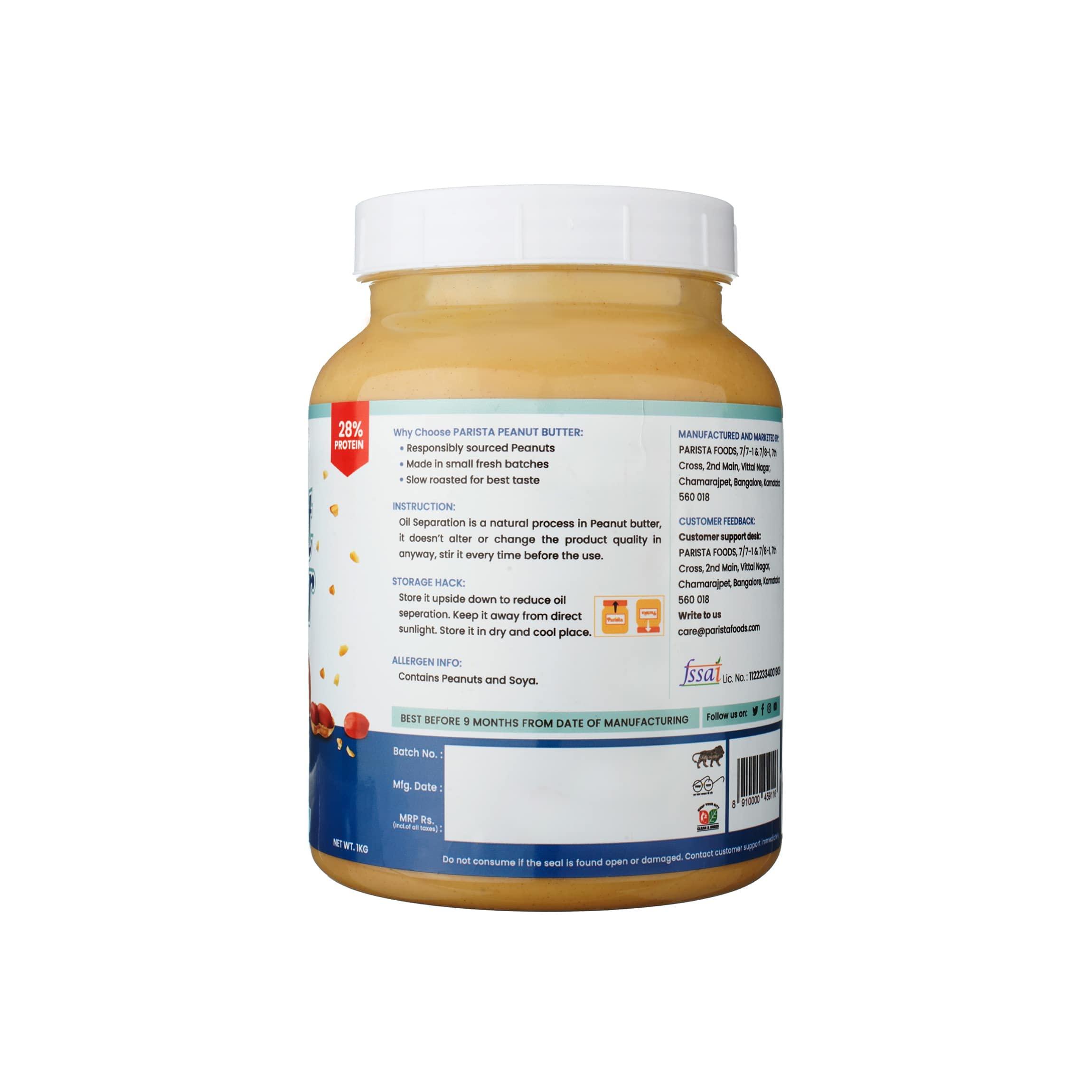 Parista Parista Classic Peanut Butter Crunchy (1 Kg) |High Protein | Super Crunchy | Gluten Free | No added oil | Cholesterol free | Vegan