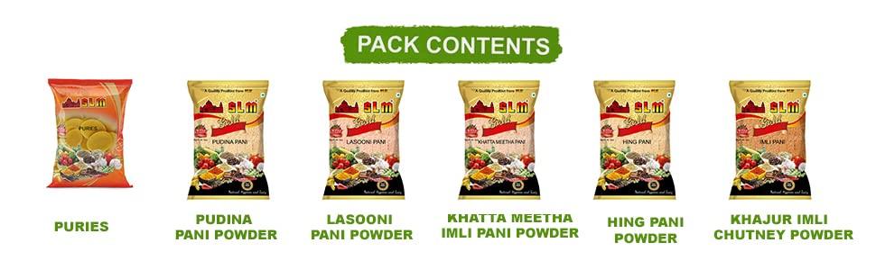 SLM SLM Pani Puri Golgappe Puchka kit with 4 Different Flavours 50Pcs Puris.(Pack of 5) Pudhina Pani, Hing Pani, Lasooni Pani, Khatha Meetha Imli Pani and khajur Imli Chutney 250g Each Combo