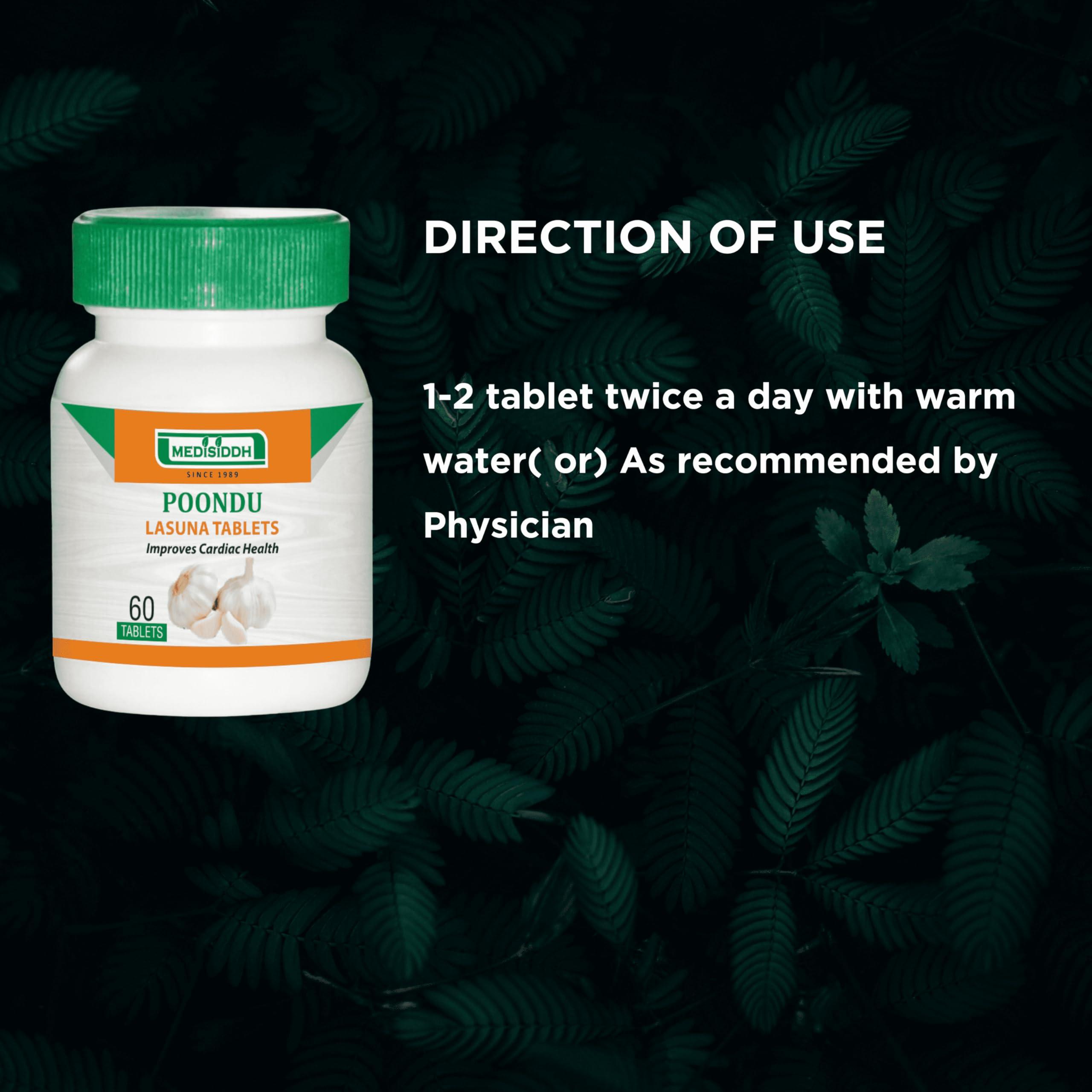 MEDISIDDH Medisiddh Poondu Tablet 60 No\'s, Allium sativum, Vellulli, Nelluthulli, Vellaipoondu, Vellulli, Tellapya, Tellagadda, Lahsan, Seer,Throat infection,Cholestrol,Promotes Digestion.