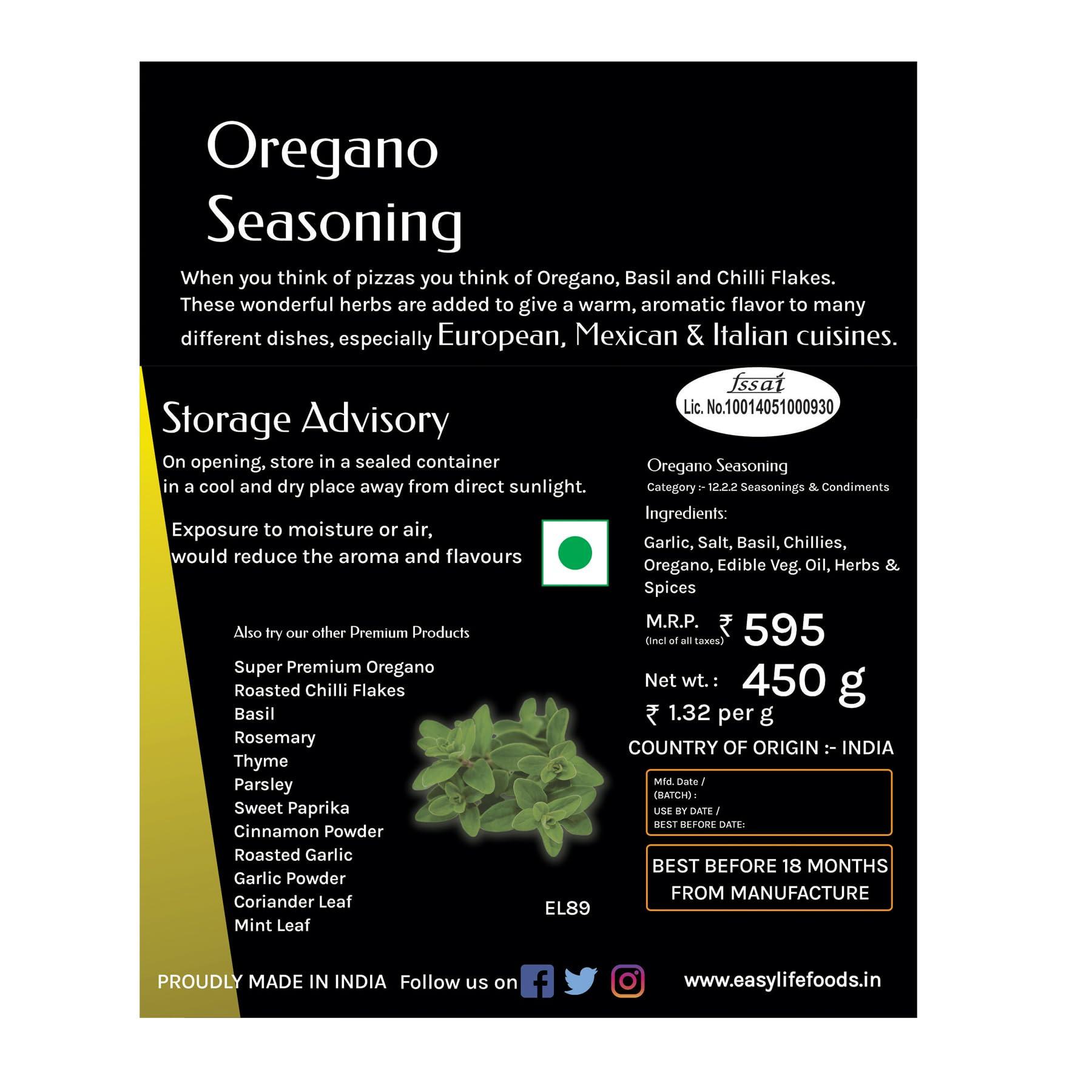 Easy Life Easy Life Oregano Seasoning 450g I Ideal Blend I Mix of Herb and Spice with Chili Flakes for Pizza Pasta I Versatile Chefs Choice I Spices and Herbs I Contains Garlic Powder