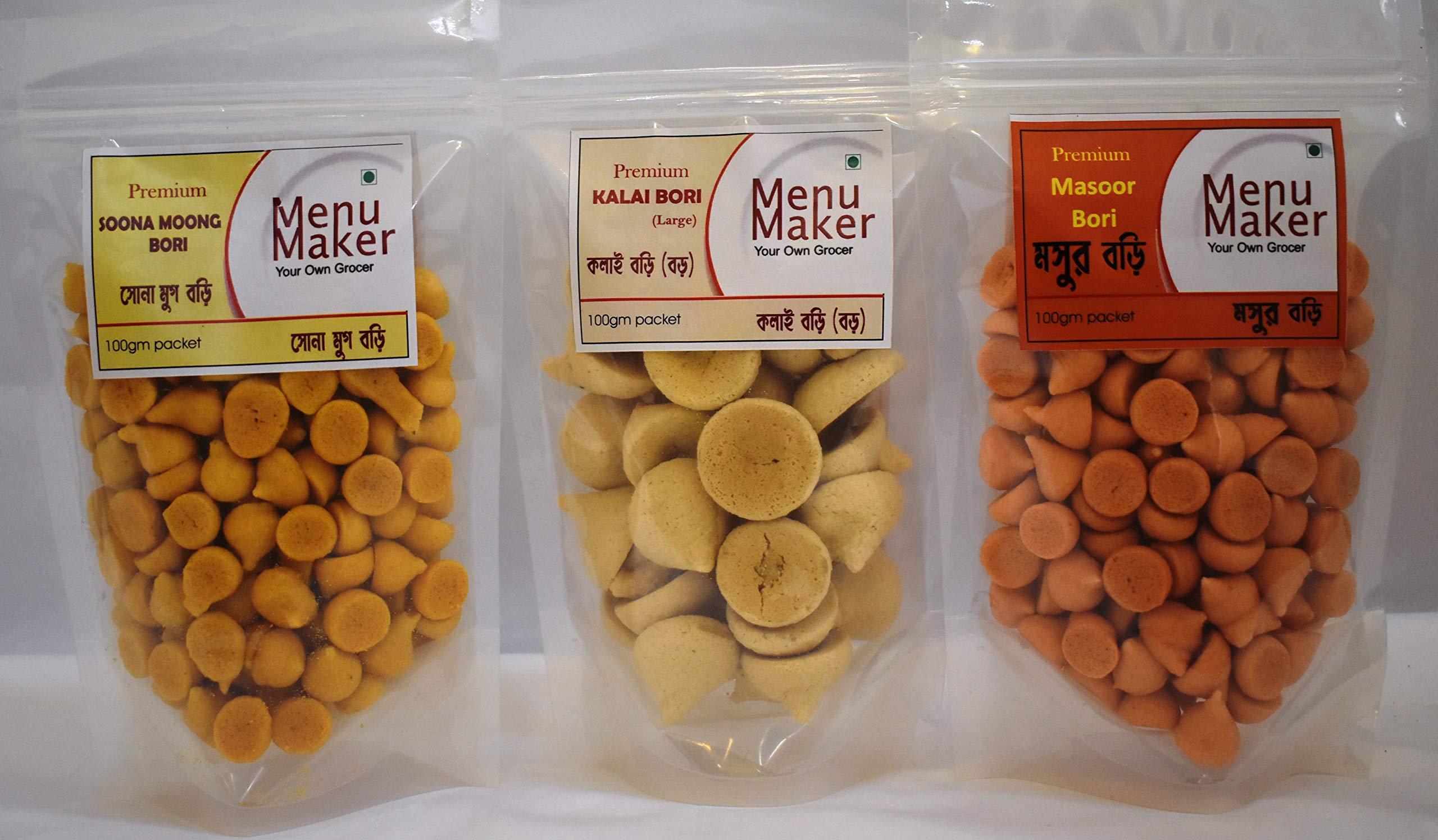 Menu Maker Menu Maker Select Premium Kalai Dal Bori/Biuli Dal Bori/Urad Dal Bori, Masoor Dal Bori and Sona Moong Dal Bori Combo Pack 300g, Pack of 3,100g Each