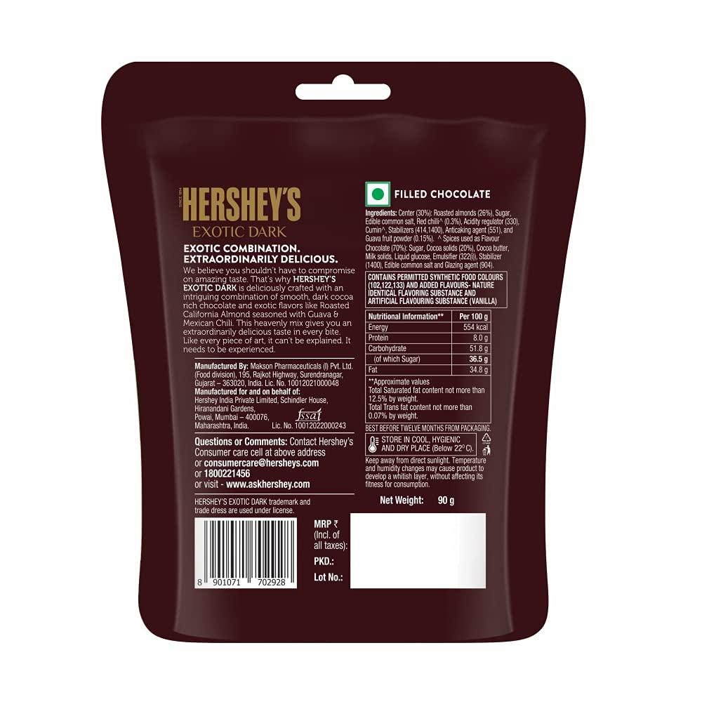 HERSHEY'S HERSHEY\'S Exotic Dark Chocolate- Californian Almond Seasoned with Guava-Mexican Chili Flavor 90G ( Pack of 4), 360 Gm