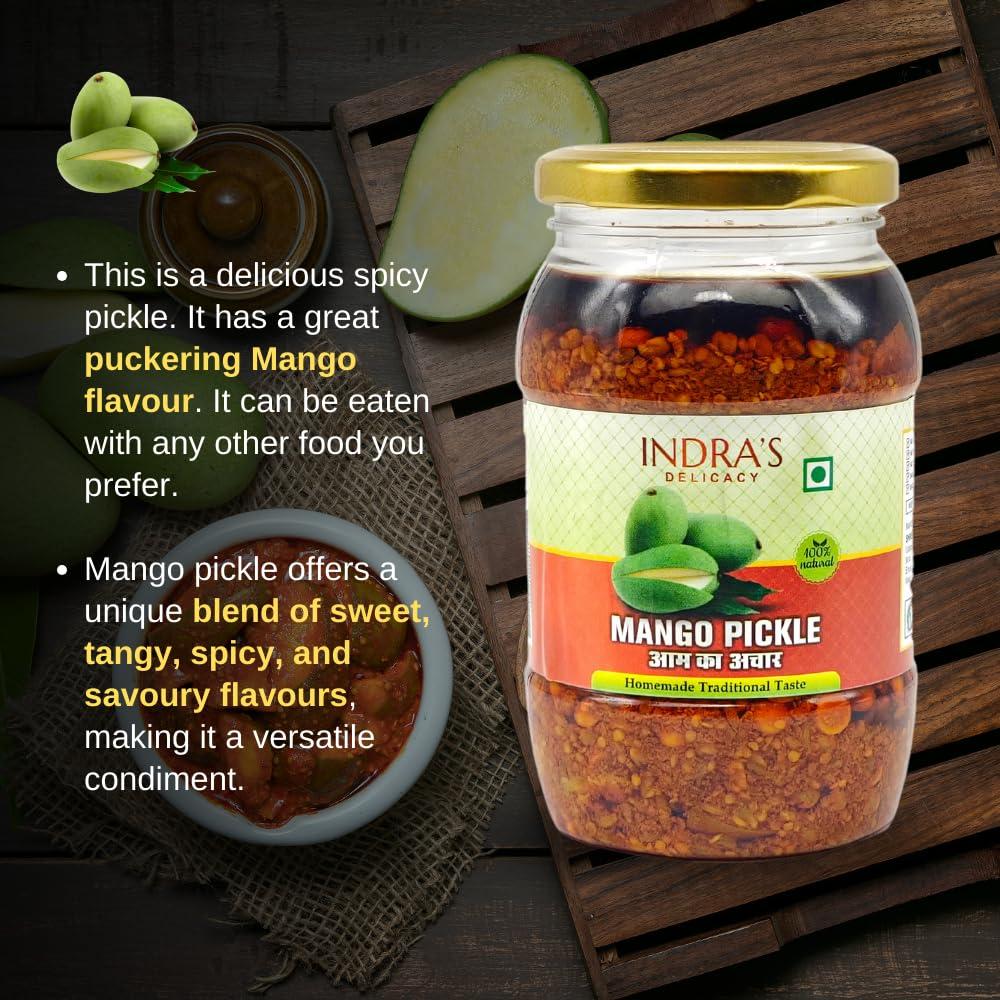 Indra\'s Delicacy Indra\'s Delicacy Mango Pickle/Aam Ka Aachar/Kairi Ka Aachar/Spicy & Tasty Pickle/Homemade Mango Pickle/Aachar/Row Mango pickles (No Artificial Preservatives, 400GM+400GM)