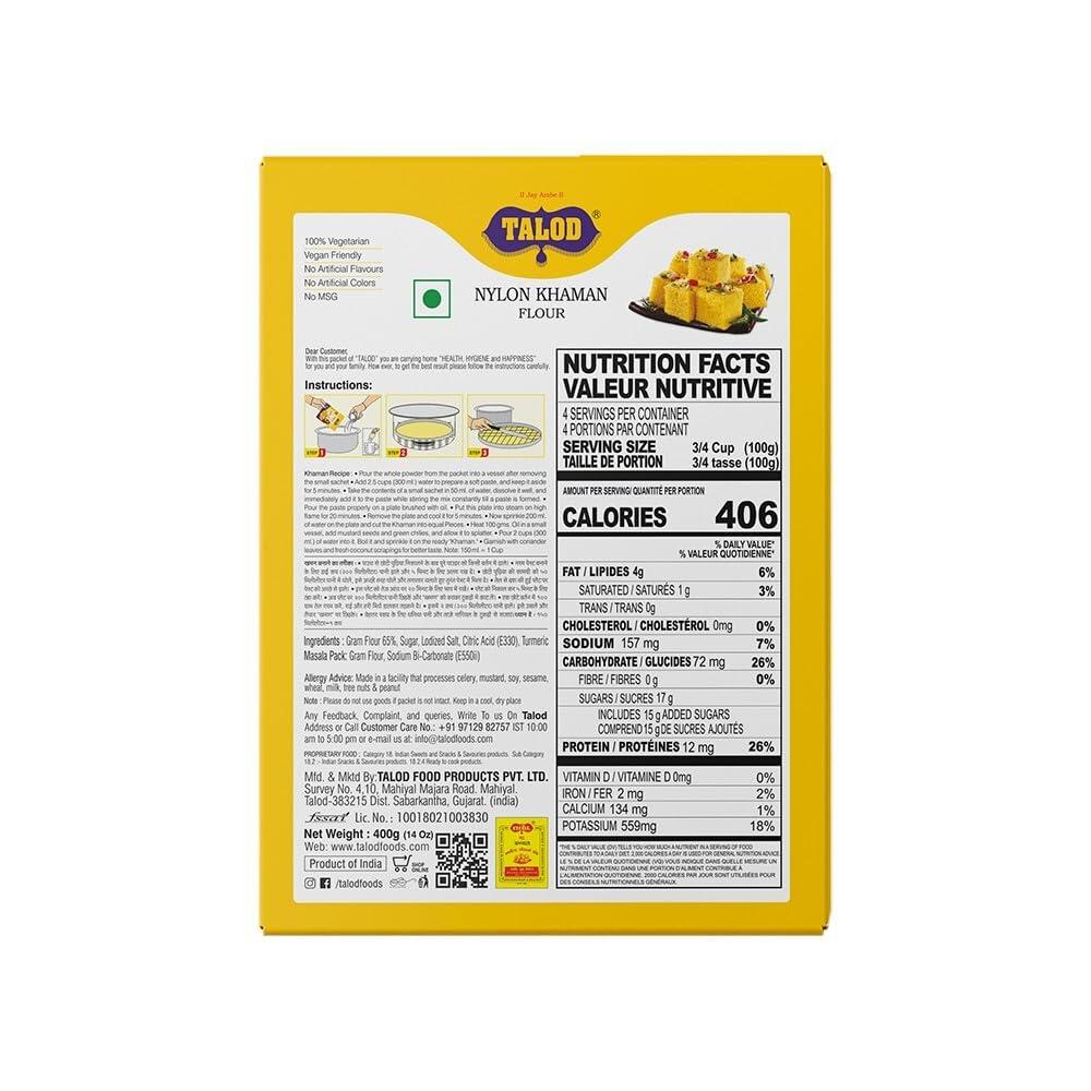 TALOD Talod Instant Mix Nylon Khaman (Pack of 2 * 400 g) | 100% Vegetarian, Wheat Gluten Free, Vegan Friendly, No Preservative, No Artificial Flavours, No Artificial Colors, No MSG