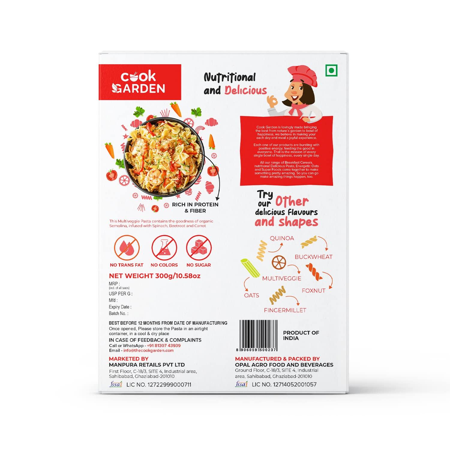 CookGarden CookGarden Multi Veggie Pasta 300g, Healthy Penne Pasta, Goodness of Spinach, Beetroot, Carrot, Rich in Calcium High Protein Pasta, No-Maida Pasta