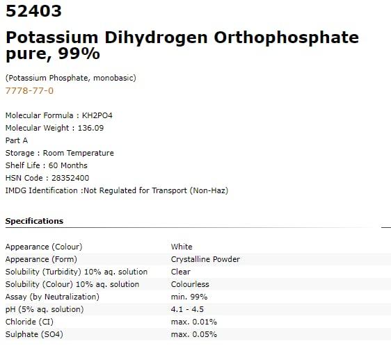 NavaFresh Basics SRL Potassium Dihydrogen Orthophosphate pure, 99% 500GM (Potassium Phosphate, monobasic) CAS 7778-77-0, Molecular Formula : KH2PO4