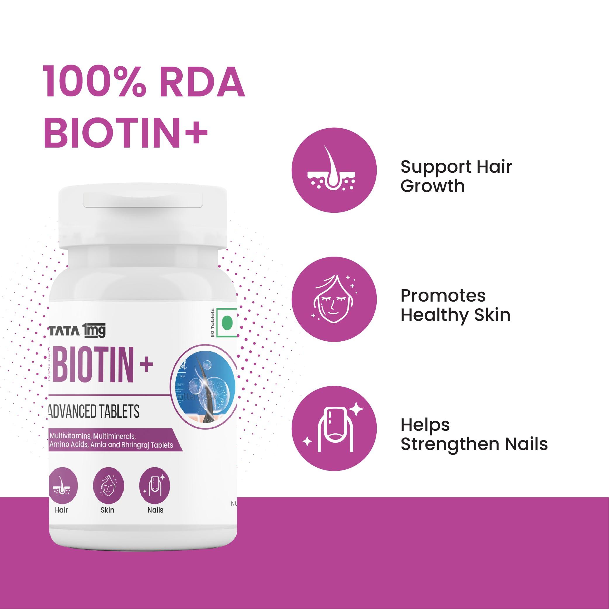 TATA 1MG Tata 1mg Biotin + Advanced Tablet,Supports Strong Hair, Skin And Nails (Pack Of 1, 60 Tablets)