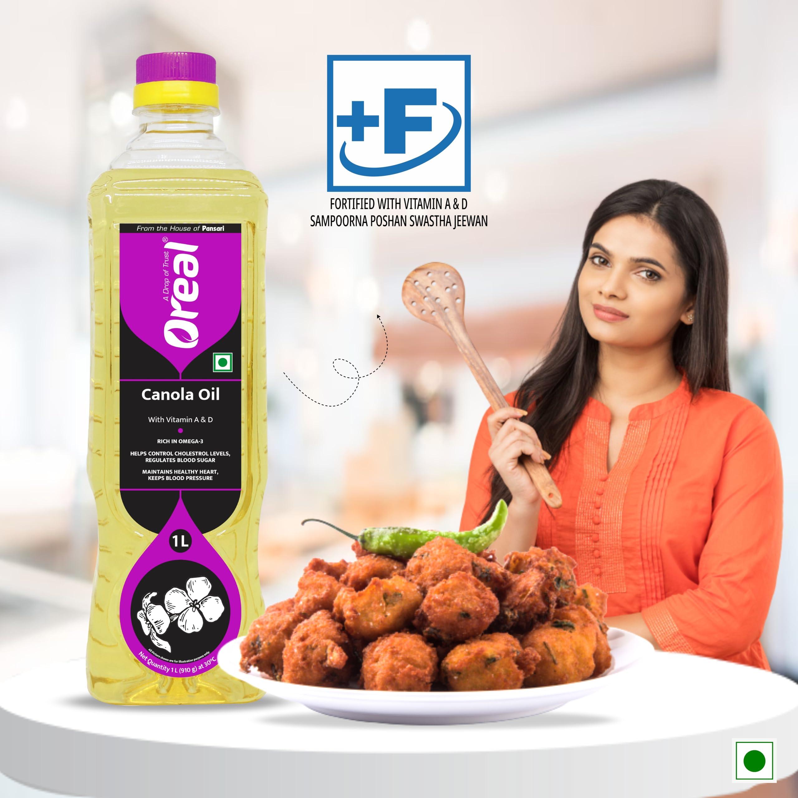 Oreal Oreal Premium Pure Canola Oil, 1 Litre for Cooking | Natural | Chemical-Free | Healthiest Cooking Oil | Rich in Omega-3 and Omega-6 | Improve in Metabolisms & Keeps Active | Preservative Free Suitable for all Ages