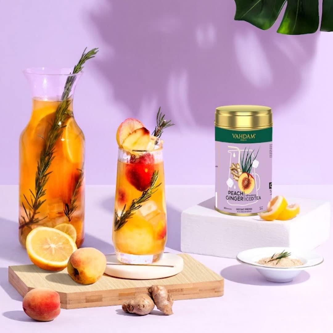 VAHDAM Peach Ginger Iced Tea Instant Premix (150g/5.29oz) 60 Servings | Lightly Sweetened Iced Tea | Fruity Peach & Zingy Ginger | Best for Mocktails & Cocktails | Packed in Tin Caddy | VAHDAM