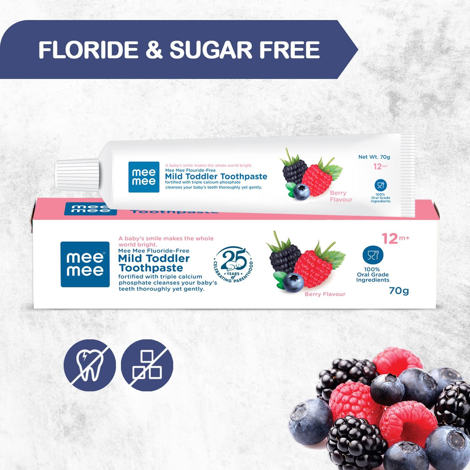 Mee Mee Mee Mee Fluoride-Free Baby Toothpaste for Kids Fortified with Triple Calcium Phosphate, Cavity Protection, Oral Care, Best for Baby 1 year +, 70 gram (Berry, Pack of 2)