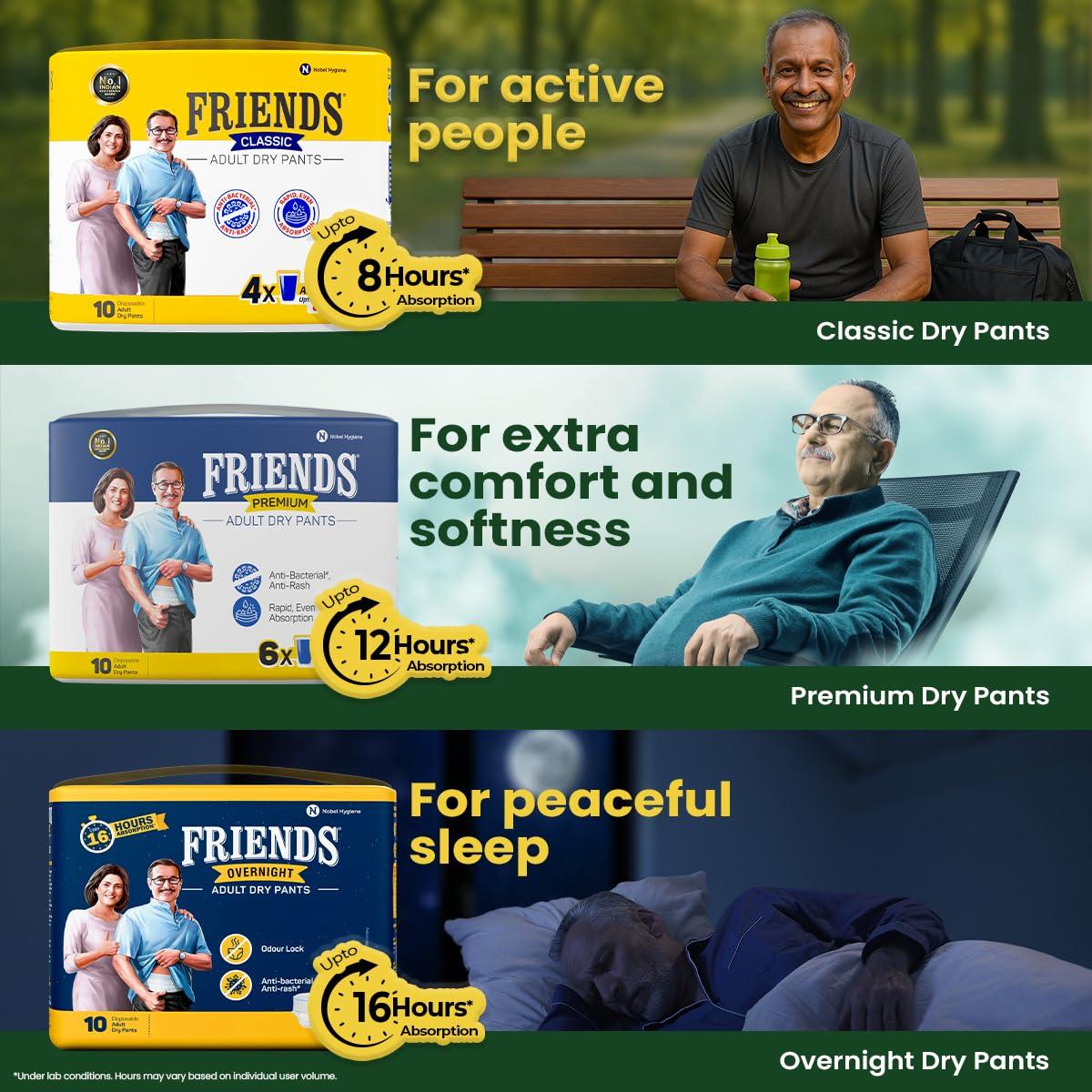 Friends Friends Classic Adult Diapers Pants Style - 20 Count (Large) with odour lock and Anti-Bacterial Absorbent Core- Waist Size 30-56 inch ; 76-142cm