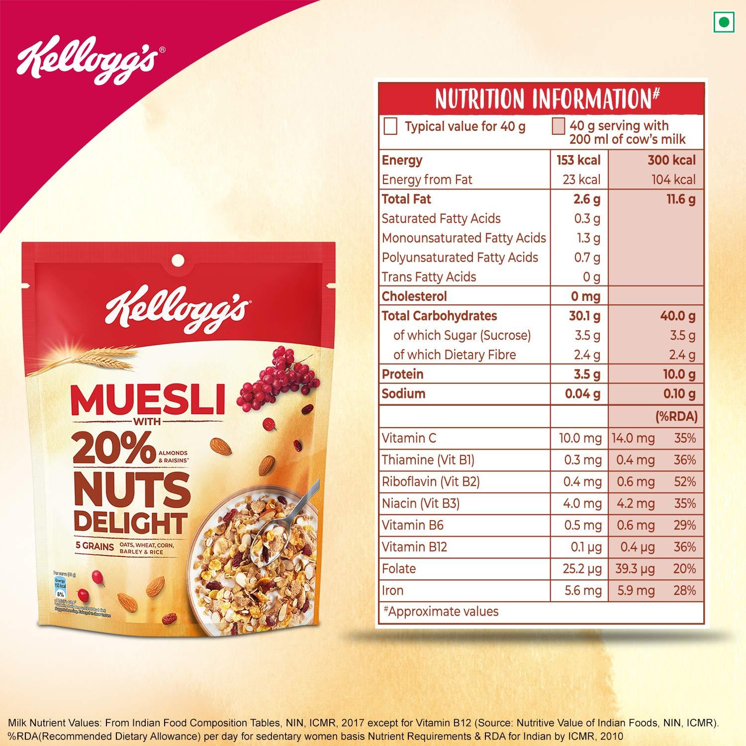 Kellogg's Kellogg\'s Muesli 20% Nuts Delight|Breakfast Cereal|High In Iron|High In Fibre|Naturally Cholesterol Free|240G Pack