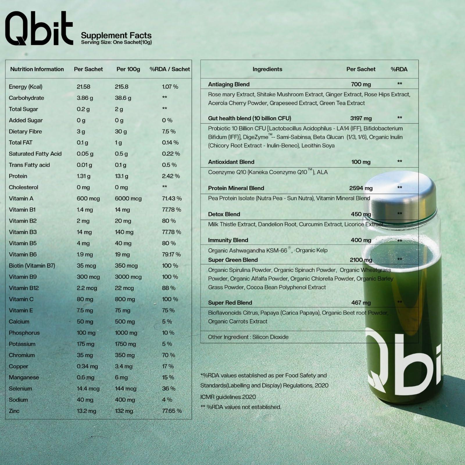 QBIT Qbit Gut Health Supplements Drink | Prebiotics | Probiotics | Plant Based | Daily Nutrition for Women and Men | Support Gut Health, Constipation, Digestion, Immunity | No Preservatives, No Color, Zero Sugar (15 Days Servings Sachets)