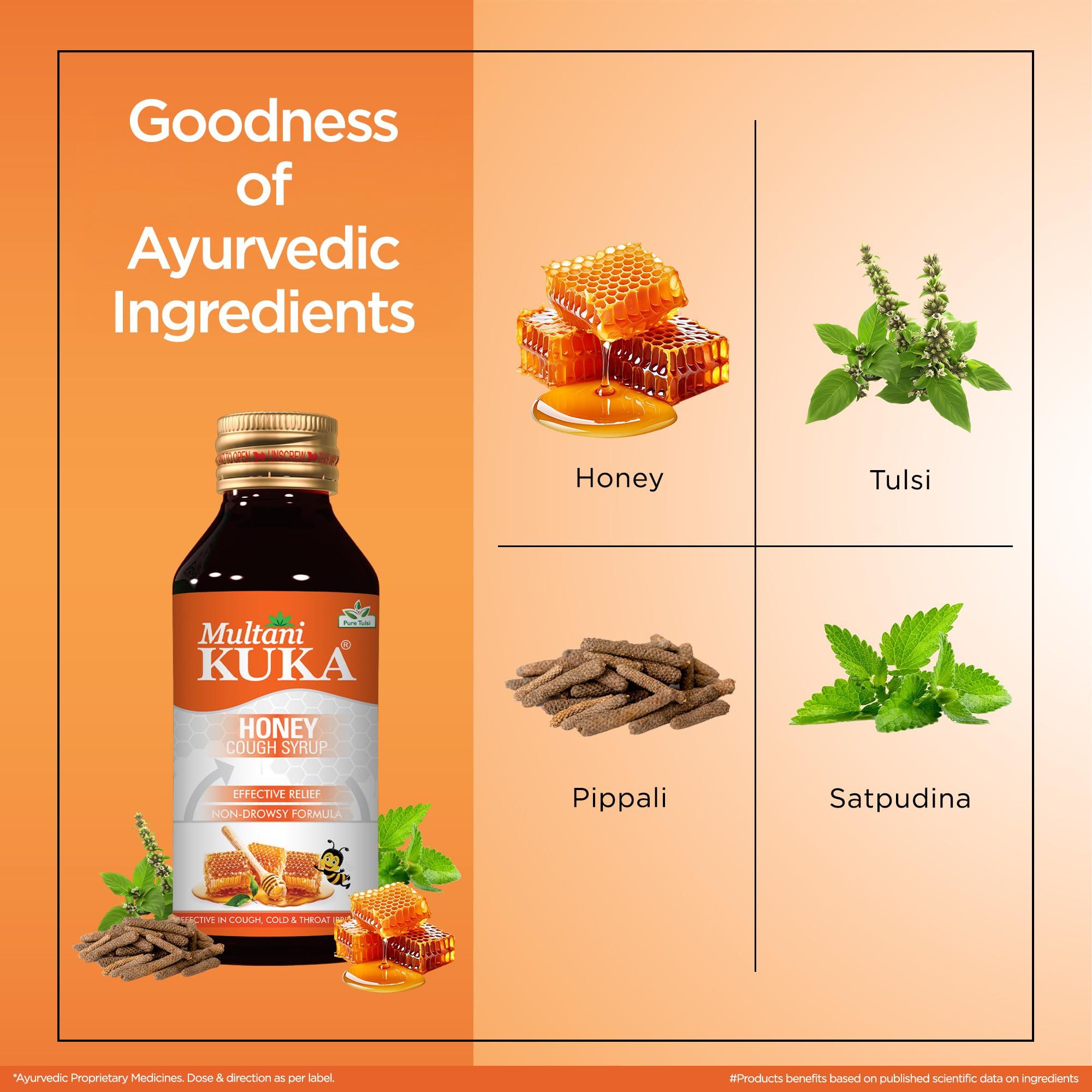 Multani Multani Kuka Honey Cough Syrup | Get Ayurvedic Relief from Throat Issue, Chest Congestion, All Types Of cough & Cold | Goodness Of Tulsi, Pippali, Satpudina & Other Herbs | 100 Ml