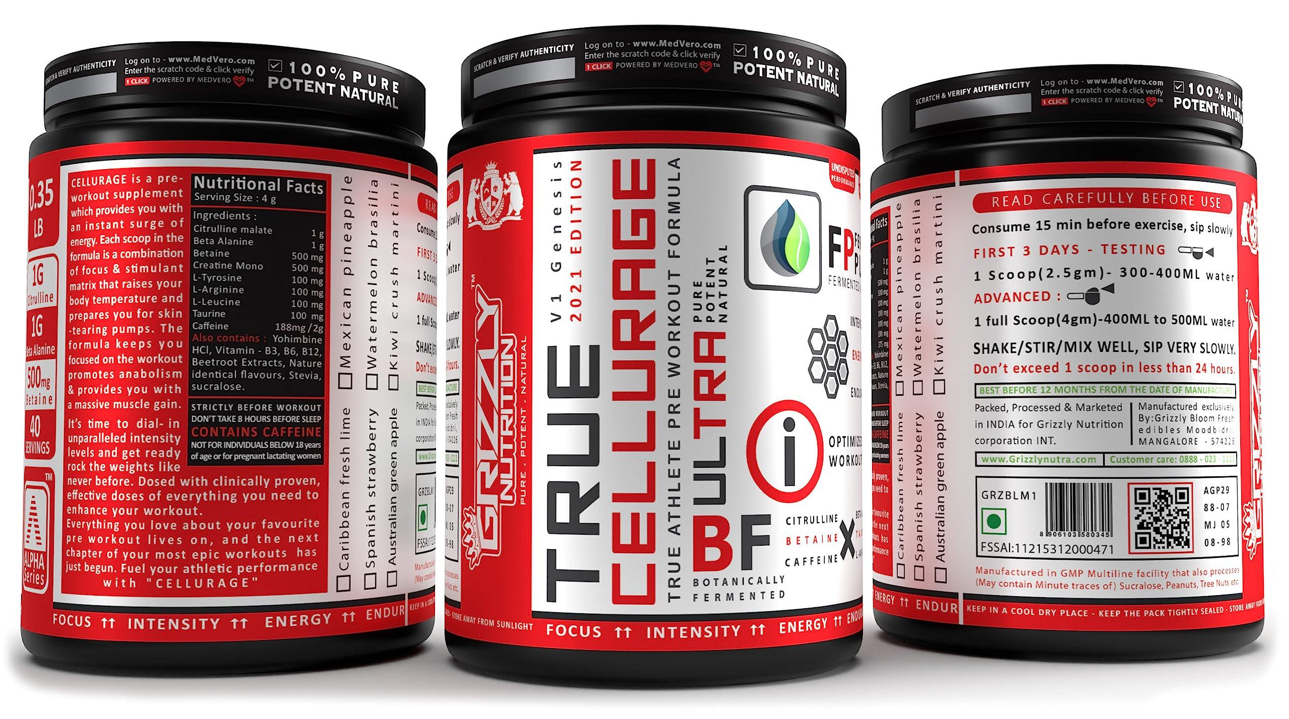 Grizzly Nutrition Grizzly Nutrition , True Cellurage, Pre Workout, Upto 65 Servings, Citrulline, Beta Alanine, Caffeine +13 Performance Boosters,160 Grams (Mexican Pineapple), Powder