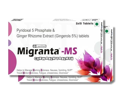 MIGRANTA Migranta -Ms Chewable Ginger Candy for Mild Acid Reflux, Nausea Vomiting Relief | Ginger with vitamin B6 (pyridoxine) | Accelerates Gastric Emptying, Gastrointestinal Motility | Morning Sickness & Nvp support - 60 tablets Sugarfree
