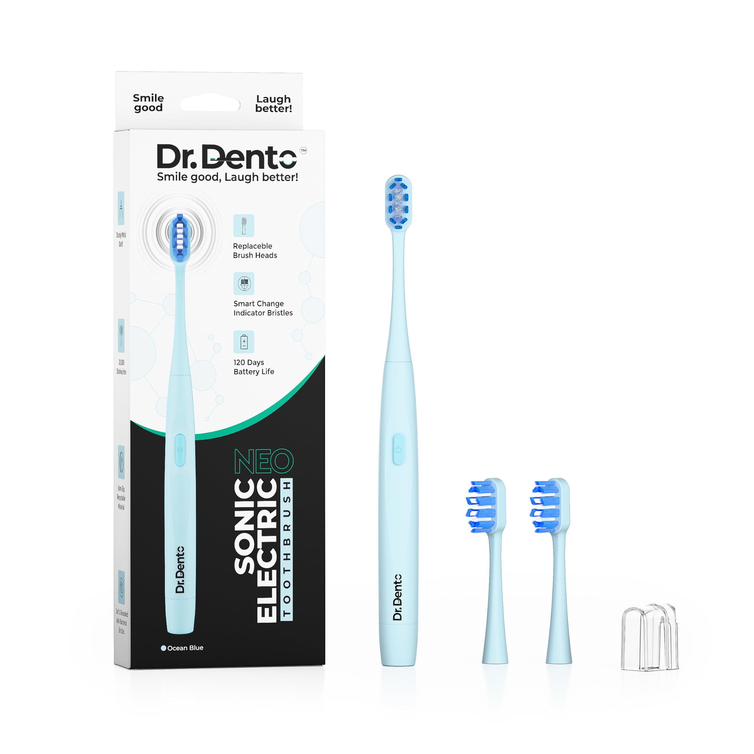 Dr.Dento Dr.Dento Neo Sonic Electric Toothbrush | Soft DuPont Bristles | 2 Brush Heads & Cover | 120 Days Battery Life | AAA Powered | Eco-Friendly Design for Unisex Adults | Ocean Blue