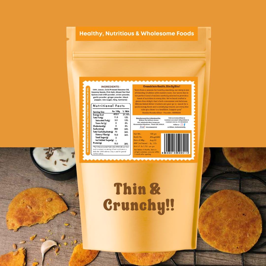 NIHKAN NIHKAN Millet Crackers - Gluten free | Vegan | High protein | High Fibre - Handmade & baked | Healthy chai time guilt free snacks - No Preservatives & No Baking soda - 100g (Jowar Peri-Peri)