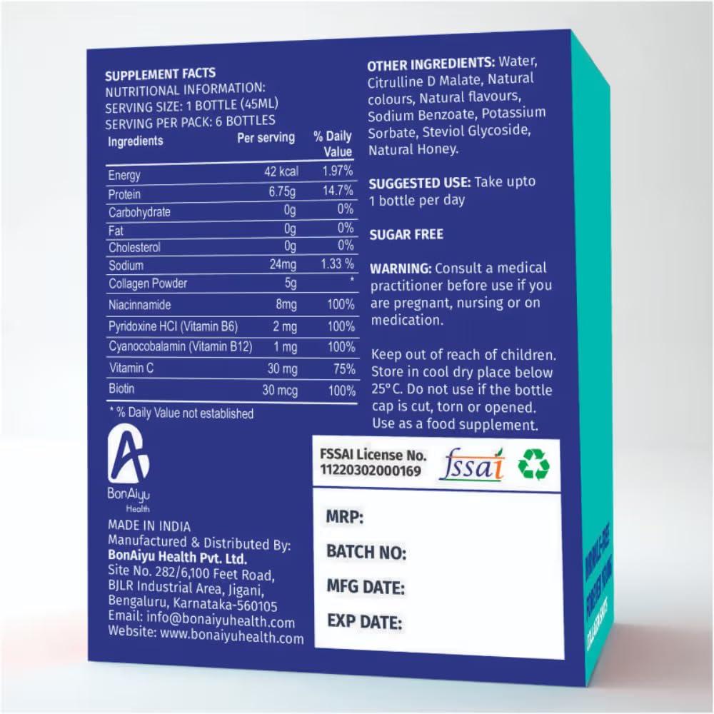 BonAyu BonAiyu WRINKLE-FREE FOREVER YOUNG COLLAGEN SHOTS All Natural (Green Apple Flavour) | With Vitamin C & Biotin | Promotes Healthy & Glowing Skin, Hair & Nails | Sugar Free for Women / Men | 45ml Each (Pack Of 6 Pet Bottles)