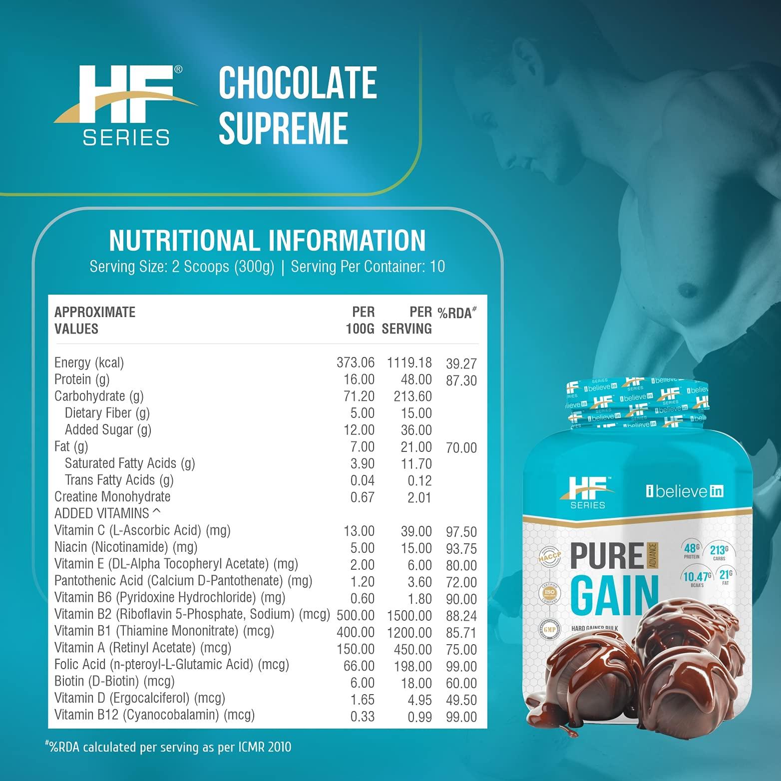 HF Series HF Series Pure Gain Mass Gainer Powder | High-Calorie | Weight Gainer Powder | 48g Protein | 11.01g BCAAs | 8.66g Glutamic Acid | Chocolate Supreme | 3kg / 6.6lbs