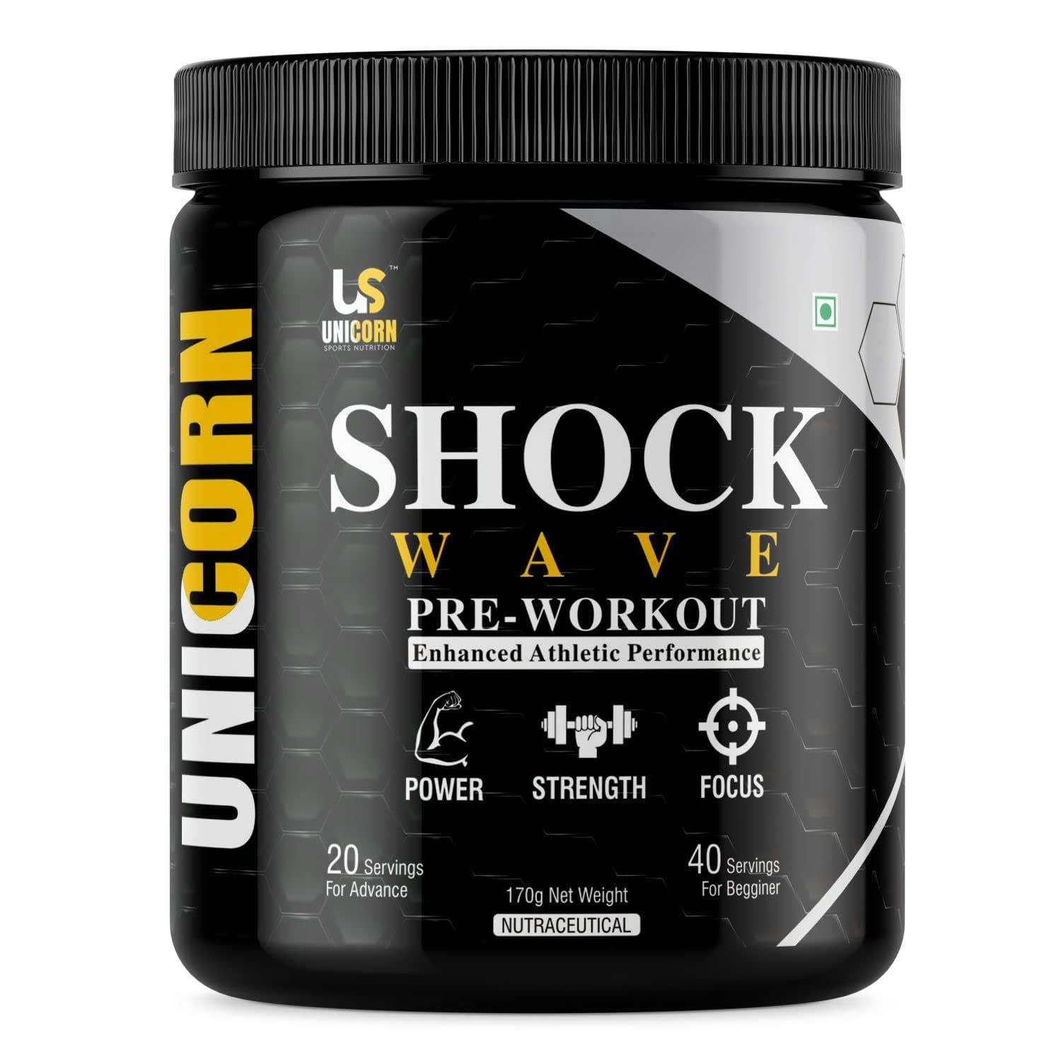 UNICORN SPORTS NUTRITION UNICORN SPORTS NUTRITION SHOCK WAVE Core Pre-Workout Supplement Powder with Creatine Monohydrate, Arginine AAKG, Beta-Alanine, Caffeinated -For Men & Women [Cola, 40 Servings, 170gm]
