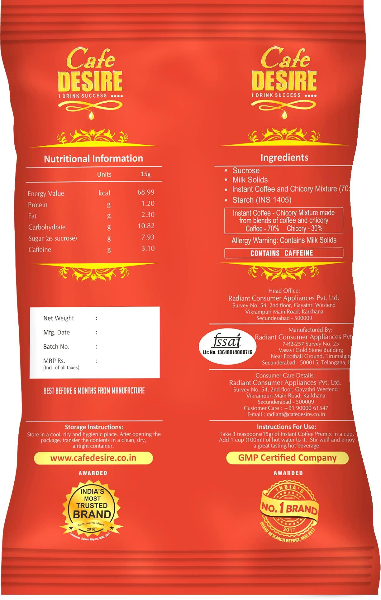 Cafe DESIRE I DRINK SUCCESS Cafe DESIRE I DRINK SUCCESS Red Range Instant Coffee Powder Box Premix 3 Kg Pack Of 3 X 1 Kg Suitable For All Vending Machines Use Manually Just Add Hot Water 3 In 1 Coffee Powder Makes 250 Cups