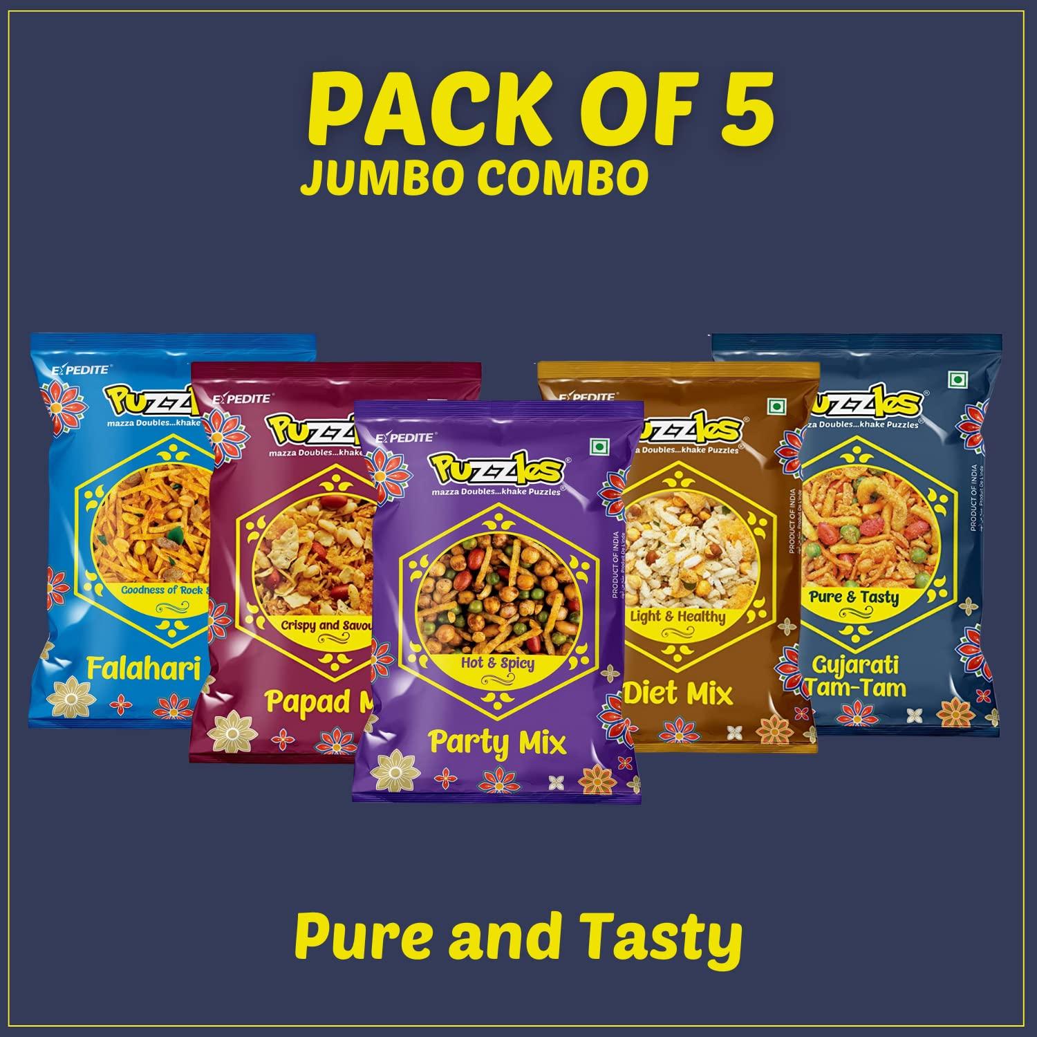 Puzzles Puzzles Jumbo Family Namkeen Combo, Healthy Snacks, Diet Mix, Papad Mix, Falahari Mix, Party Mix, Gujarati Tam Tam, Assorted Snack Mix 170gm x Pack of 5